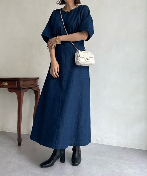 「DouDou」 7分袖ワンピース FREE サックスブルー レディース_画像7