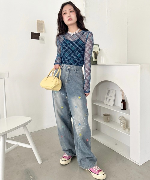 SOLLON.（ソルロン） tシャツ チェック柄シアートップス レディース