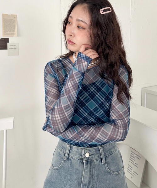 SOLLON.（ソルロン） tシャツ チェック柄シアートップス レディース
