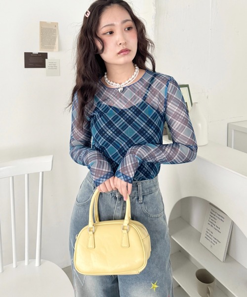 SOLLON.（ソルロン） tシャツ チェック柄シアートップス レディース
