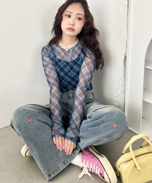 SOLLON.（ソルロン） tシャツ チェック柄シアートップス レディース
