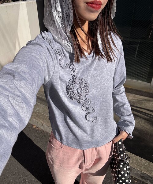 CIAOPANIC（チャオパニック） tシャツ バラフリルレースフードシアー