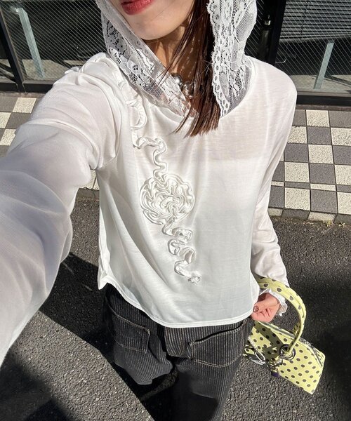 CIAOPANIC（チャオパニック） tシャツ バラフリルレースフードシアー