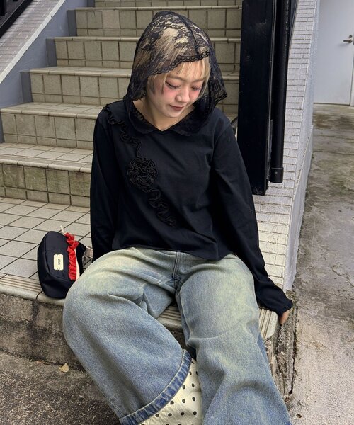 CIAOPANIC（チャオパニック） tシャツ バラフリルレースフードシアー