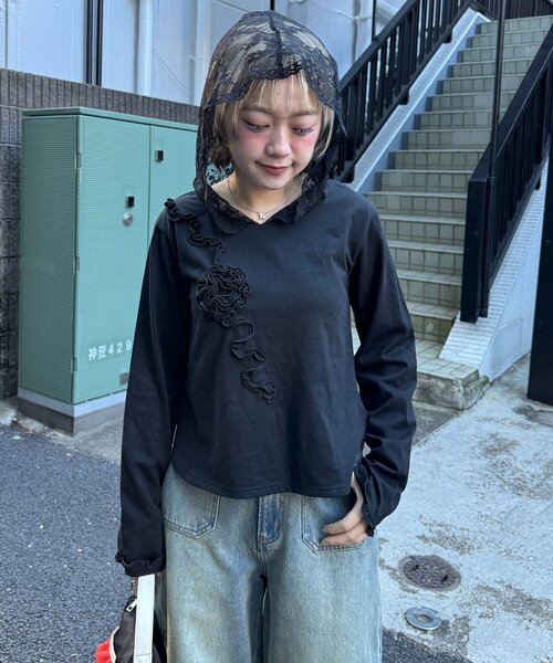 CIAOPANIC（チャオパニック） tシャツ バラフリルレースフードシアー