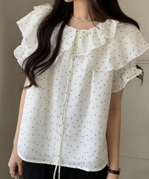 か様♡フリルカラードットブラウス ブラウス シャツ ドット柄 フリルカラー レディース : ZOZOTOWN Yahoo
