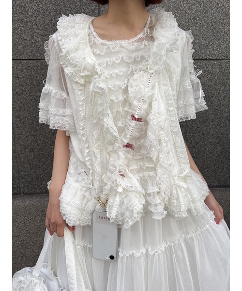 tシャツ ドットチュールフリルブラウス レディースの画像