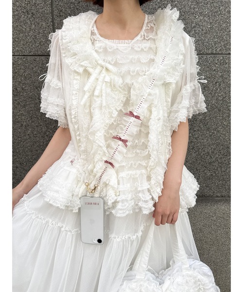 tシャツ ドットチュールフリルブラウス レディースの画像