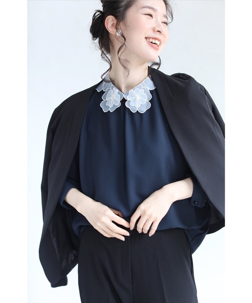 cawaii ブラウス シャツ シアーな花襟とろみブラウストップス 