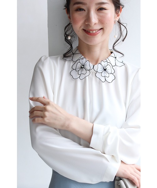 cawaii ブラウス シャツ シアーな花襟とろみブラウストップス 