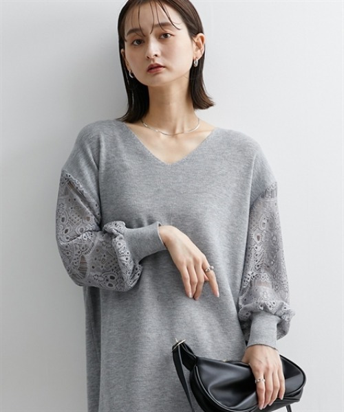 【売約済】BARNEYS NEWYORK レース柄 ５部丈袖 ニットワンピース ニッセン（nissen） ワンピース ふんわりレース袖ニットワンピース