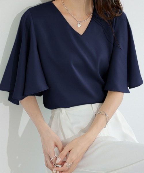 COCOMOMO ブラウス シャツ フレアスリーブブラウス Vネック ブラウス