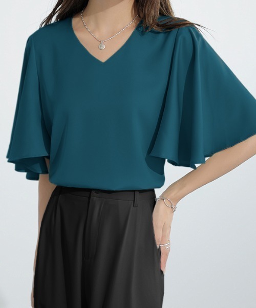 COCOMOMO ブラウス シャツ ドレープスリーブ Vネック 半袖 レディース  