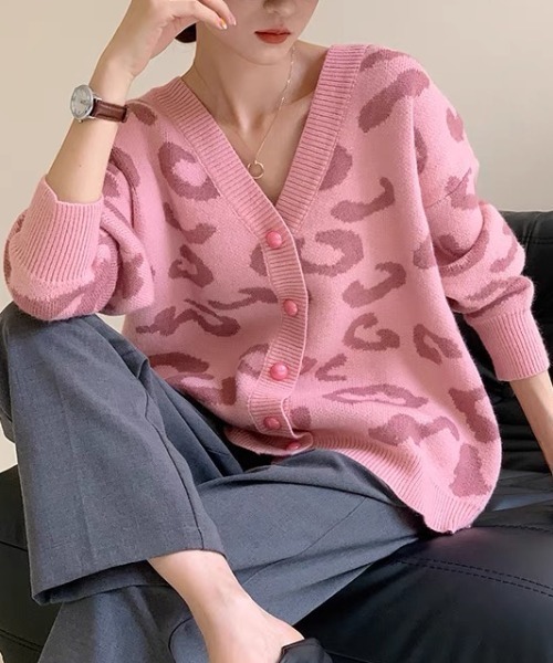 BABY チョコ柄 カーディガン ピンク ベビモコダックスフンドジャガードカーディガン(カーディガン・ガウン