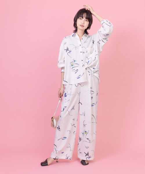 Eimee Law パンツ ニュアンスリボン×フラワーptタックパンツ