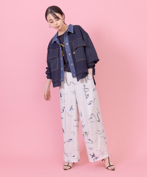 エイミーロウ　ニュアンスリボン×フラワーptタックパンツ　ネイビー Eimee Law】ニュアンスリボン×フラワーptタックパンツ（84034S