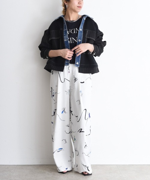 エイミーロウ　ニュアンスリボン×フラワーptタックパンツ　ネイビー Eimee Law パンツ ニュアンスリボン×フラワーptタックパンツ