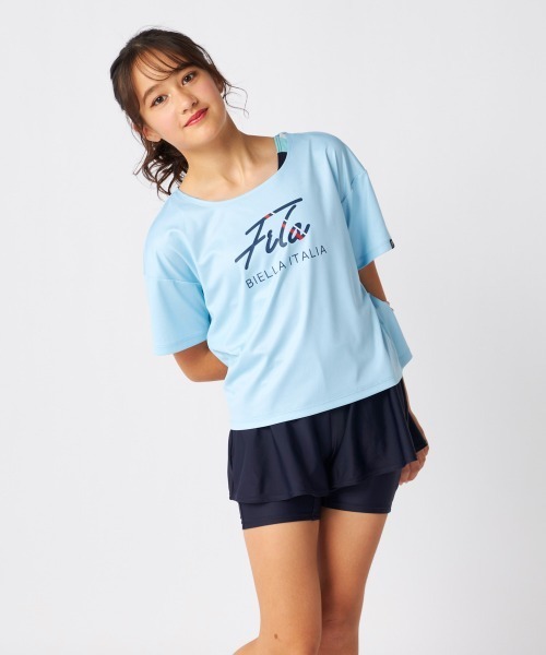 【FILA】吸水速乾/紫外線対策/UVケア ラグランロゴTシャツ付き水着4点NV FILA 水着 「FILA」「吸水速乾/紫外線対策/UVケア」ラグランロゴ