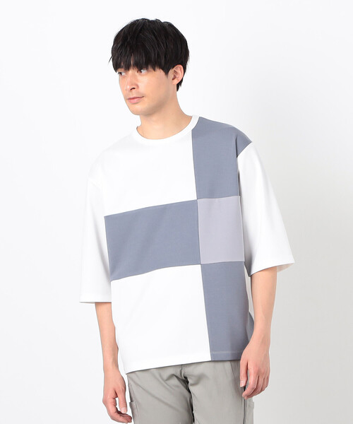 半袖Tシャツ メンズ パッチワークリベット装飾デザイン 2色 カラーブロック パッチワーク ジップパーカー（半袖）（47