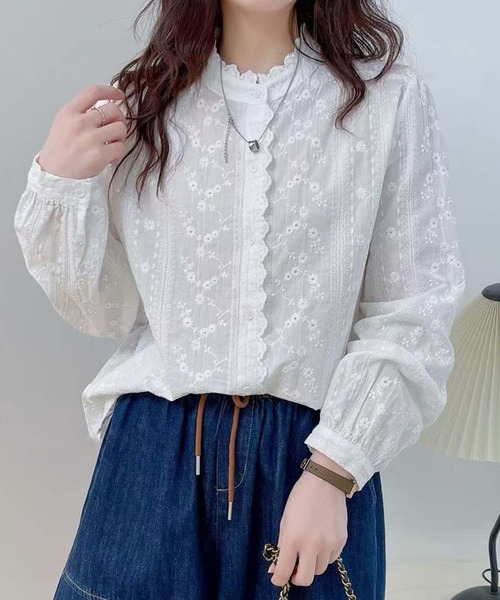 ブラウス シャツ フリル襟レース花柄刺繍シャツ レディース