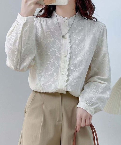 ブラウス シャツ フリル襟レース花柄刺繍シャツ レディース aimoha ブラウス シャツ フリル襟レース花柄刺繍シャツ