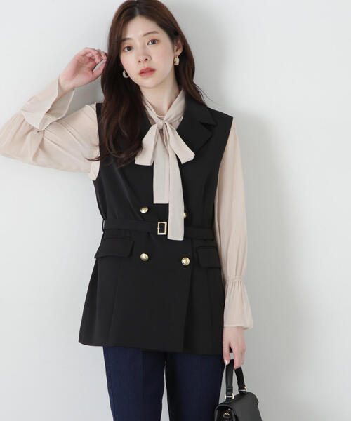 新品【ランバン コレクション】裏地がオシャレ! ベルベット ベスト ジレ黒 XL PROPORTION BODY DRESSING ベスト ジレ ベルト付きジレ