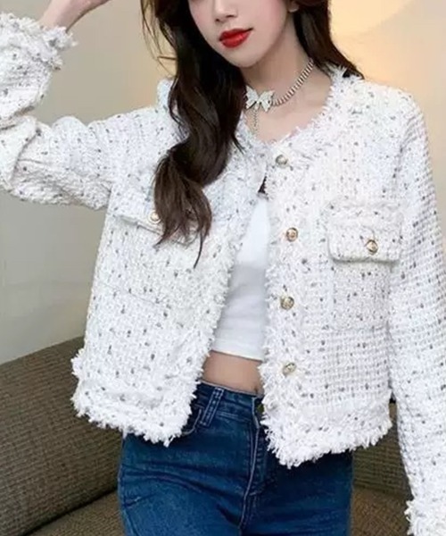ホワイト ノーカラージャケット ツイード風 Beststore（ベストストア） ジャケット ノーカラージャケット ツイード