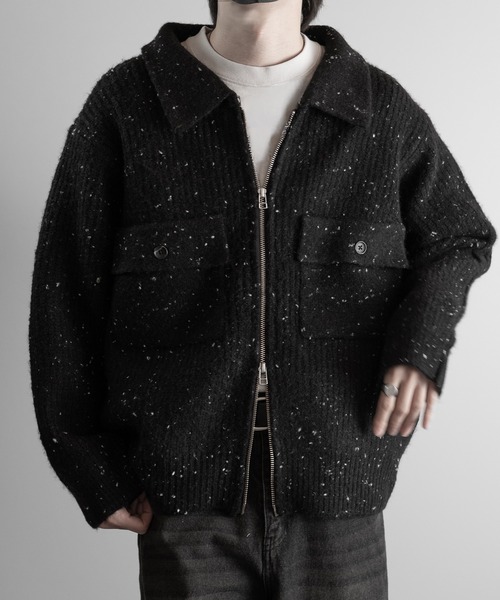 Reneルネ　ノーカラージャケット ニット パール ビジュー ダブルジップ 34 René