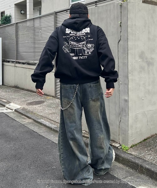 パーカー AW スポンジボブ バックプリント 刺繍 プルパーカー メンズ