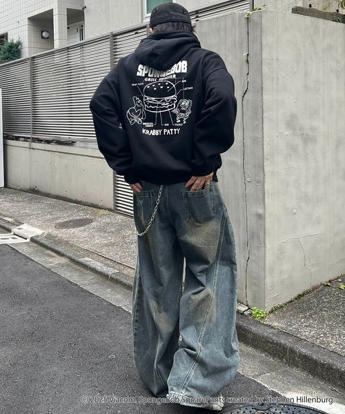 パーカー AW スポンジボブ バックプリント 刺繍 プルパーカー メンズ