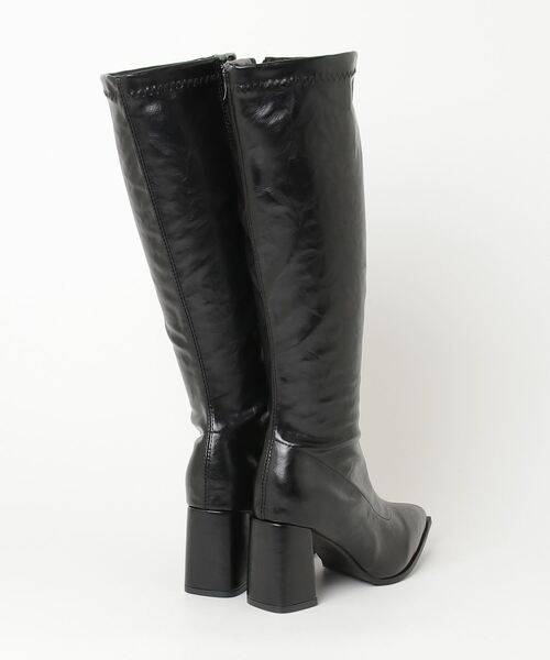 ブラックレザー ロングブーツ　ウー美 ブーツ 「Vini」美脚 ストレッチレザーロングブーツ レディース