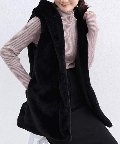 LUMIRA ベスト ジレ ふわふわ 暖かフード付き エコファーベスト