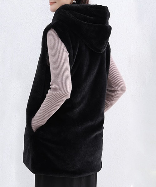 LUMIRA ベスト ジレ ふわふわ 暖かフード付き エコファーベスト