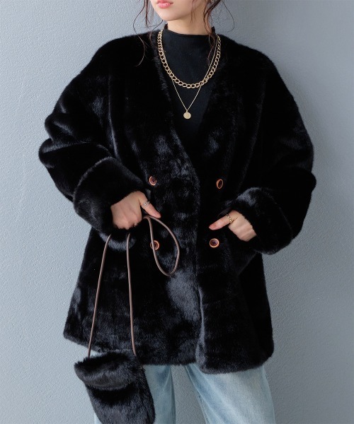 コート アウター ミニバッグ付き ミドルフェイクファーコート