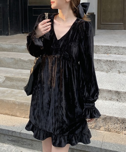 Diosfront ワンピース Vネックフリル切替ベロアミニワンピース