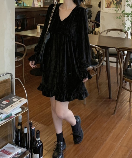 Diosfront ワンピース Vネックフリル切替ベロアミニワンピース