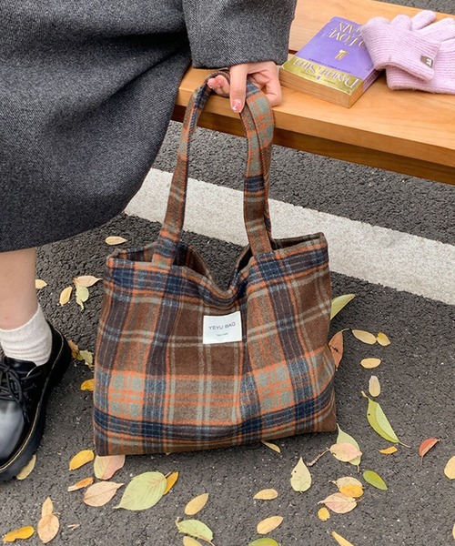 c.u.l トートバッグ A4収納可 大容量 チェック柄 ワンポイントロゴ