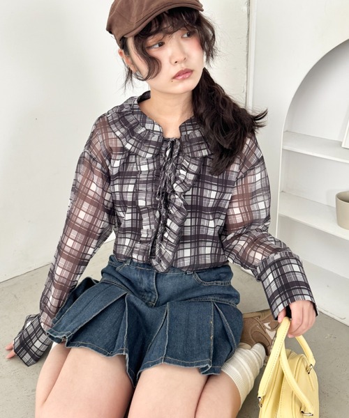 SOLLON.（ソルロン） tシャツ チェック柄シアーフリルブラウス