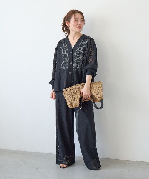 パンツ フラワーメッシュレースワイドパンツ レディース_17