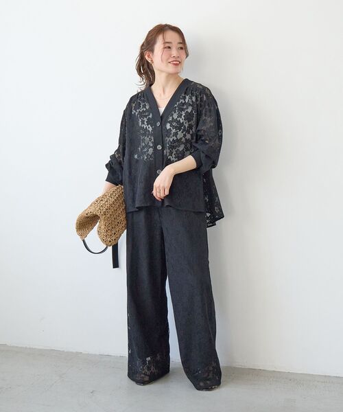 パンツ フラワーメッシュレースワイドパンツ レディース_13