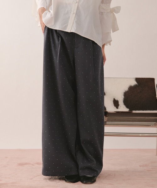 LEONARD FASHION パンツ ホワイト ラインストーン　38 loin nuit ワイドパンツ スラックス パンツ line stone wide pants