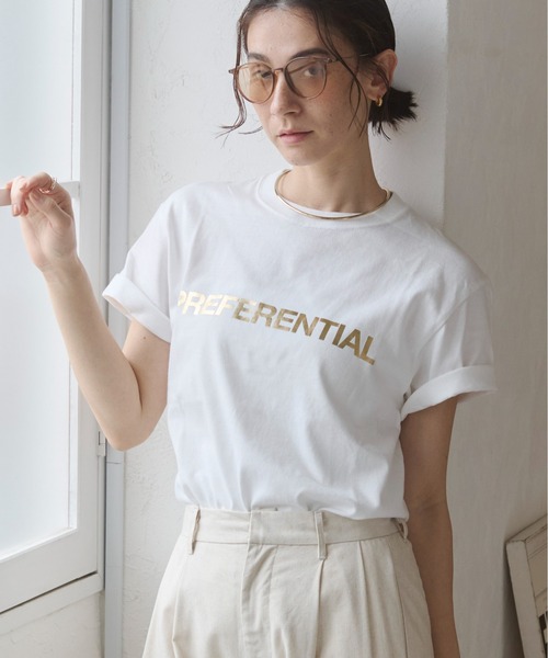 ANGIE tシャツ 半袖 フロッキープリント / 箔 メタリック プリント