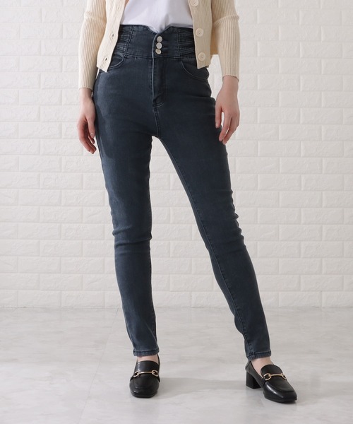 Lace Ladies パンツ ハイウエスト3ボタンストレッチスキニー