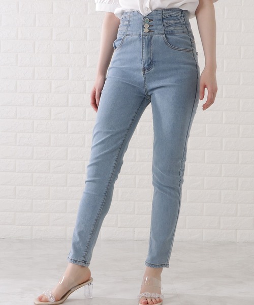 Lace Ladies パンツ ハイウエスト3ボタンストレッチスキニー