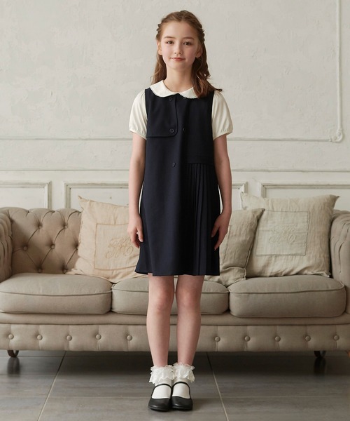 ワンピース 入園式 卒園式 ダブルブレストアシンメトリープリーツワンピース キッズ 子供服 女の子の画像