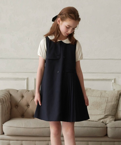 ワンピース 入園式 卒園式 ダブルブレストアシンメトリープリーツワンピース キッズ 子供服 女の子の画像