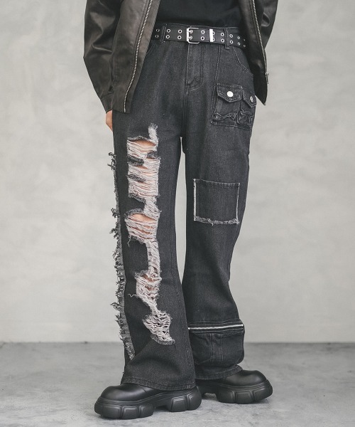 フリンジデニムジーパン ウォッシュデニム ストレート tet-pants セール】低身長向けサイズ 選べる2タイプ 裾フリンジストレート