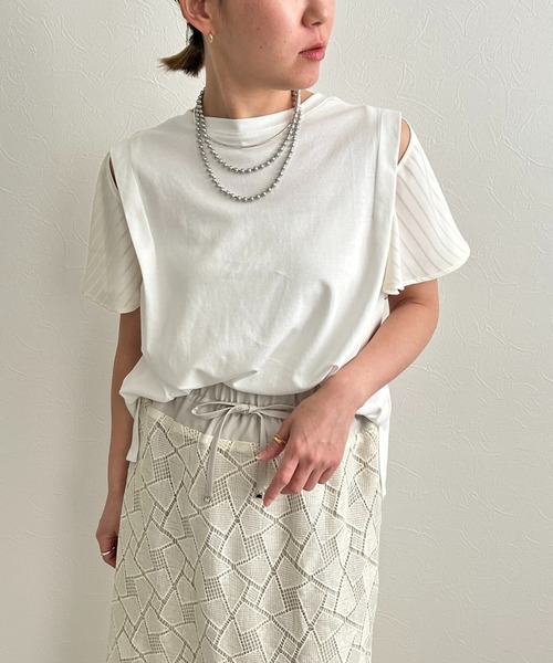 tシャツ フレア袖ドッキングトップス レディース