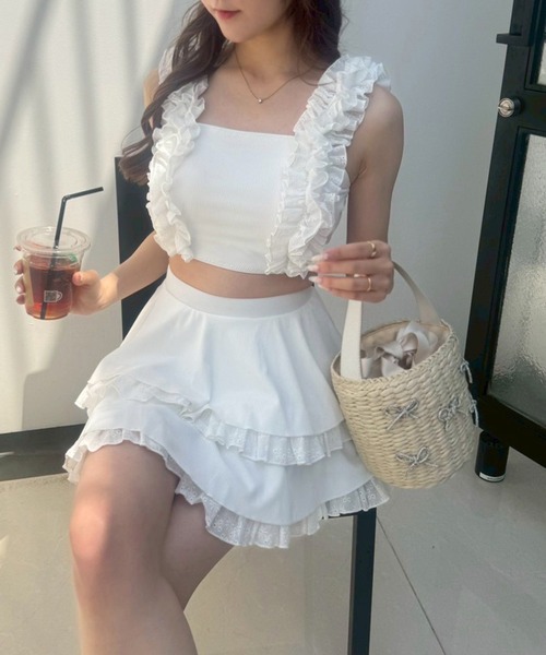 swimwear/フリルタンク+ティアードミニ/3点セット one after another NICE CLAUP 水着 swimwear/フリルタンク+