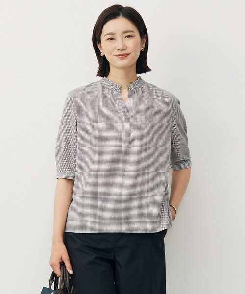 ブラウス シャツ 「洗える」SHEER ギンガム スキッパー ブラウス レディース